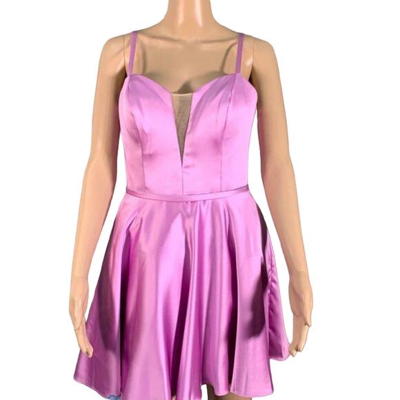 Formal Colette Mon Cheri PINK LILAC Satin Mini Skater Illusion V Neck Dress SZ.6 - Picture 5 of 15